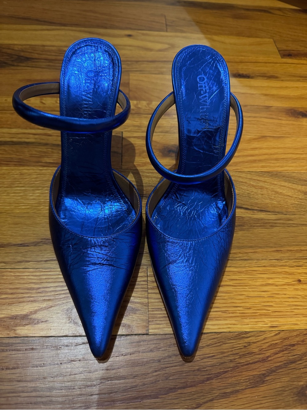 Metallic Blue Pointed-Toe Mule with Ankle Strap - off - white